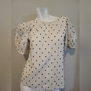 Madewell Cream Top with Black Polka Dots and Short Puff Sleeves